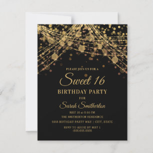 Zwarte Gouden Glitter Slinger Lichtjes Sweet 16 Kaart