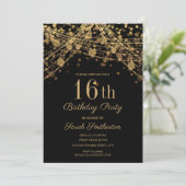 Zwarte Gouden Glitter Slingerlichten 16e Verjaarda Kaart (Staand voorkant)