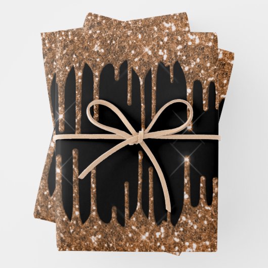 Zwarte gouden glitterdruppels meisjesachtige luxe inpakpapier vel (In situ)