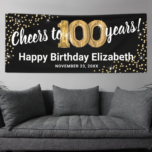 Zwarte Gouden Glitters 100e Verjaardag Spandoek