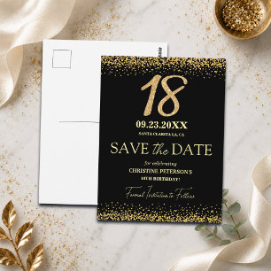 Zwarte Gouden Glitters 18e Verjaardag Save the Dat Briefkaart