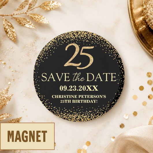 Zwarte Gouden Glitters 25e Verjaardag Save the Dat Magneet
