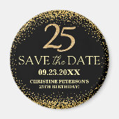 Zwarte Gouden Glitters 25e Verjaardag Save the Dat Magneet (Voorkant)