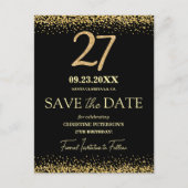 Zwarte Gouden Glitters 27e Verjaardag Save the Dat Briefkaart (Voorkant)