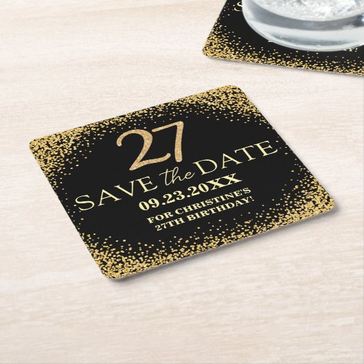 Zwarte Gouden Glitters 27e Verjaardag Save the Dat Kartonnen Onderzetters (Schuin)