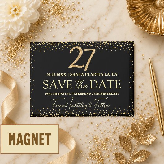 Zwarte Gouden Glitters 27e Verjaardag Save the Dat Magneet