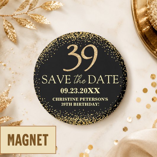 Zwarte Gouden Glitters 39e Verjaardag Save the Dat Magneet
