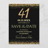 Zwarte Gouden Glitters 41e Verjaardag Save the Dat Briefkaart (Voorkant)