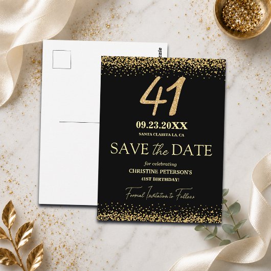 Zwarte Gouden Glitters 41e Verjaardag Save the Dat Briefkaart