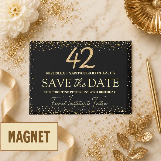 Zwarte Gouden Glitters 42e Verjaardag Save the Dat Magneet