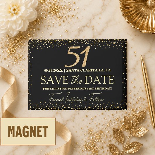 Zwarte Gouden Glitters 51e Verjaardag Save the Dat Magneet