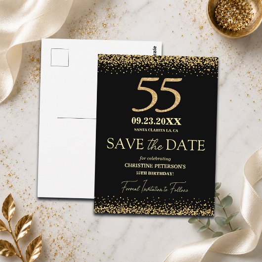 Zwarte Gouden Glitters 55e Verjaardag Save the Dat Briefkaart