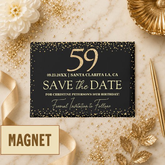 Zwarte Gouden Glitters 59e Verjaardag Save the Dat Magneet