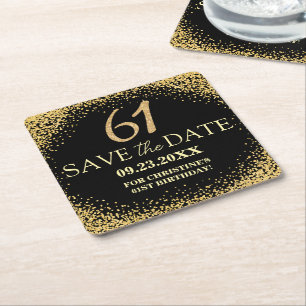Zwarte Gouden Glitters 61e Verjaardag Save the Dat Kartonnen Onderzetters