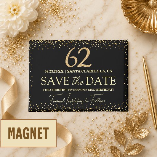 Zwarte Gouden Glitters 62e Verjaardag Save the Dat Magneet