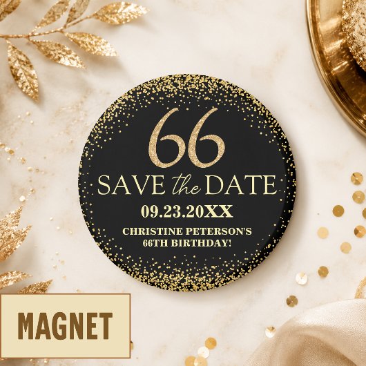 Zwarte Gouden Glitters 66e Verjaardag Save the Dat Magneet