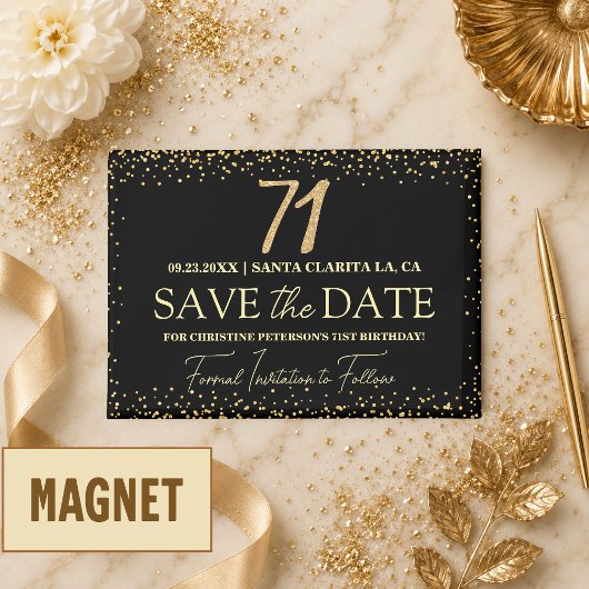 Zwarte Gouden Glitters 71e Verjaardag Save the Dat Magneet