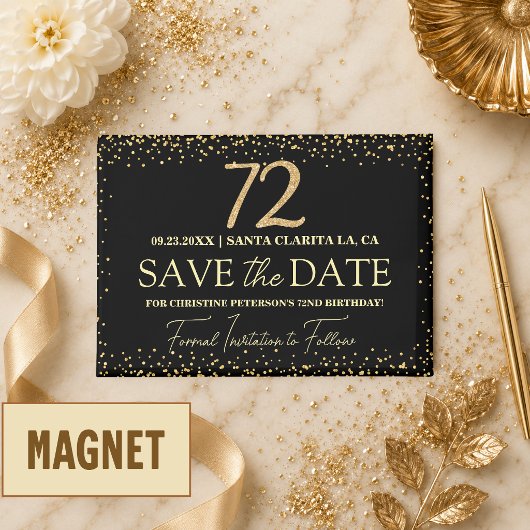 Zwarte Gouden Glitters 72e Verjaardag Save the Dat Magneet