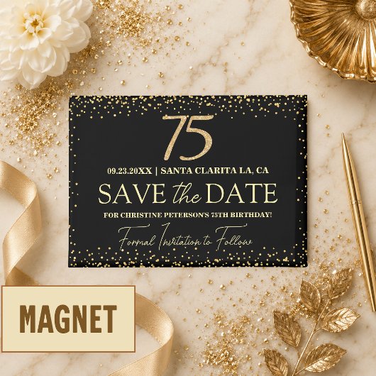 Zwarte Gouden Glitters 75e Verjaardag Save the Dat Magneet