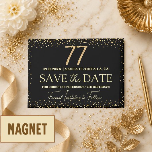 Zwarte Gouden Glitters 77e Verjaardag Save the Dat Magneet