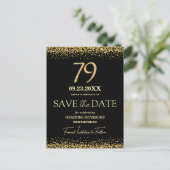 Zwarte Gouden Glitters 79e Verjaardag Save the Dat Briefkaart (Staand voorkant)