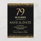 Zwarte Gouden Glitters 79e Verjaardag Save the Dat Briefkaart (Voorkant)