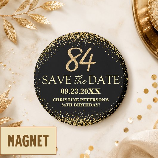Zwarte Gouden Glitters 84e Verjaardag Save the Dat Magneet