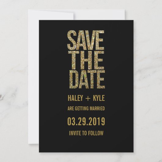 Zwarte & Gouden Glitters Bewaar de Datum Typografi Save The Date (Achterkant)