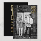 Zwarte & Gouden Glitters Bewaar de Datum Typografi Save The Date (Voorkant / Achterkant)