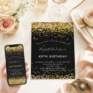 Zwarte gouden glitters glamoureuze verjaardag kaart