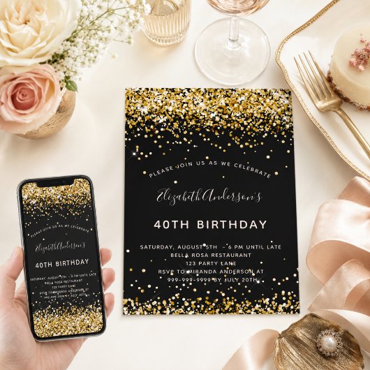 Zwarte gouden glitters glamoureuze verjaardag kaart