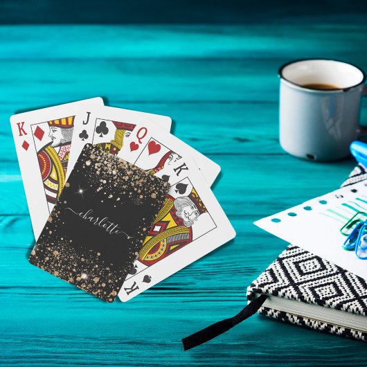 Zwarte gouden glitters stof naam script pokerkaarten