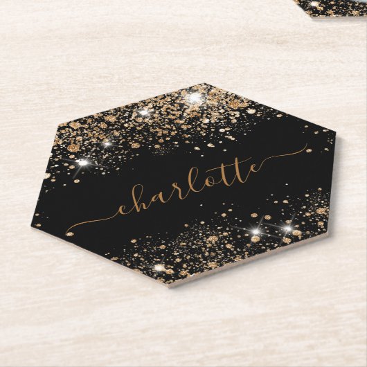 Zwarte gouden glitterscherf naam script kartonnen onderzetters (Schuin)