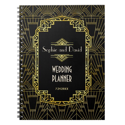 Zwarte & Gouden Great Gatsby Art Deco Trouw Planne Notitieboek (Voorkant)