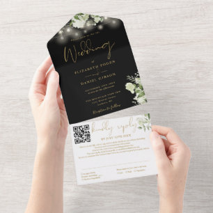 Zwarte Gouden Groene Slingerlichten QR Code Trouwf All In One Uitnodiging