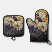 Zwarte Gouden Hanen Rustiek Patroon Ovenwant & Pannenlap Set (Voorkant)