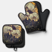 Zwarte Gouden Hanen Rustiek Patroon Ovenwant & Pannenlap Set (Voorkant / Achterkant)