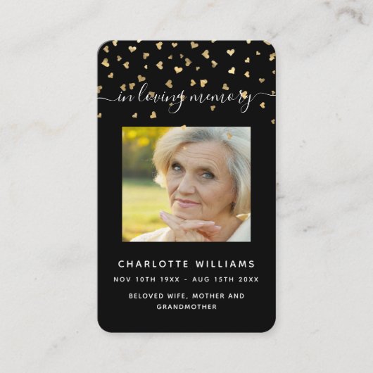 Zwarte gouden harten fotografietoestel visitekaartje (Voorkant)