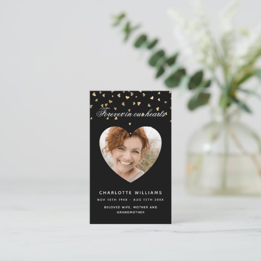 Zwarte gouden harten fotografietoestel visitekaartje (Staand voorkant)