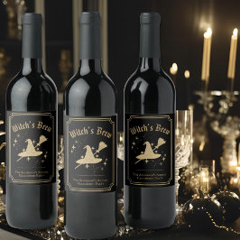 Zwarte Gouden Hoed & Bezem Heksendrank Halloween F Wijn Etiket