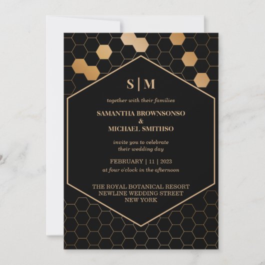 Zwarte Gouden Honingraat Huwelijk Kaart (Voorkant)