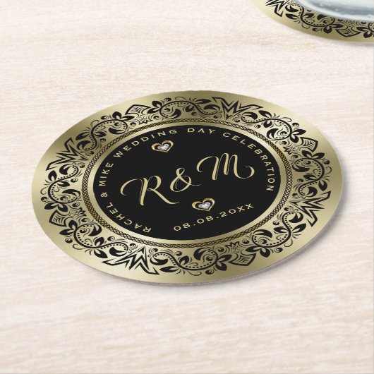 Zwarte & Gouden Huwelijksverjaardag Ronde Kartonnen Onderzetter (Gebogen)