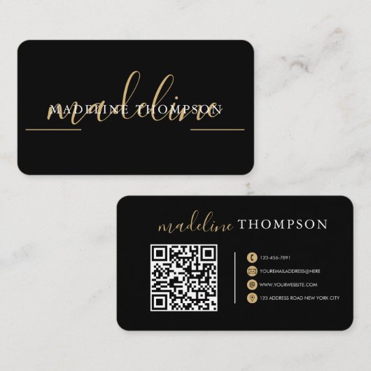 Zwarte Gouden Kalligrafie Script QR-code Zakelijke Visitekaartje (Voorkant / Achterkant)