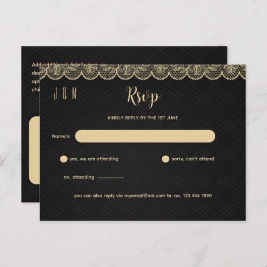 Zwarte Gouden Kant Bruiloft RSVP Voor Bijpassende  Briefkaart (Voorkant / Achterkant)