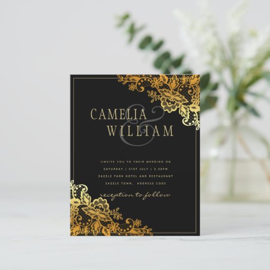 Zwarte Gouden Kant Trouw Uitnodigingen (Staand voorkant)