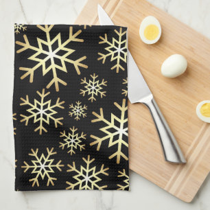 Zwarte gouden kerst sneeuwvlok keukenhanddoek