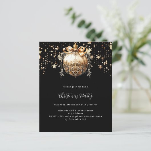Zwarte gouden kerstbal sterren kerstfeest uitnodig (Staand voorkant)