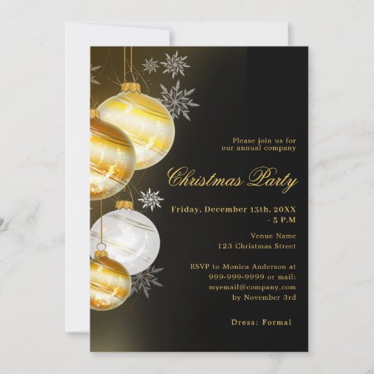 Zwarte gouden kerstballen bedrijf Christmas Party Kaart (Voorkant)