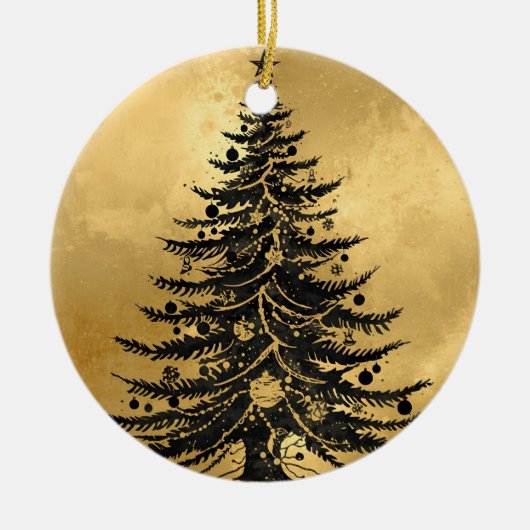 Zwarte Gouden Kerstboomornament Keramisch Ornament (Voorkant)