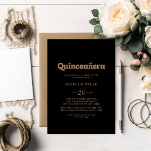 Zwarte Gouden Klassieke Minimale Quinceañera Kaart